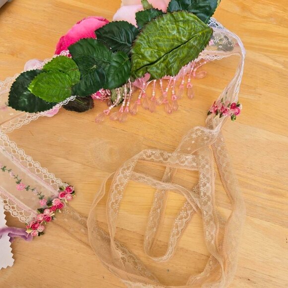 Ethereal Romance | Pink | Sash | Vintage Millinery Roses and Beaded Fringe Belt - Picture 6 of 8